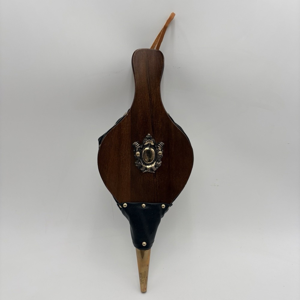 Vintage Fireplace Woodstove Bellows Blower Wood Leather Brass Eagle Crest 16"‎